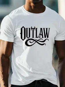 Men'S Summer T-Shirt in Plus Sizes Featuring a Monochrome OUTLAW Graphic Print, Short Sleeves, Trendy Casual Wear for Everyday Use, Designed for Big And Tall Individuals.