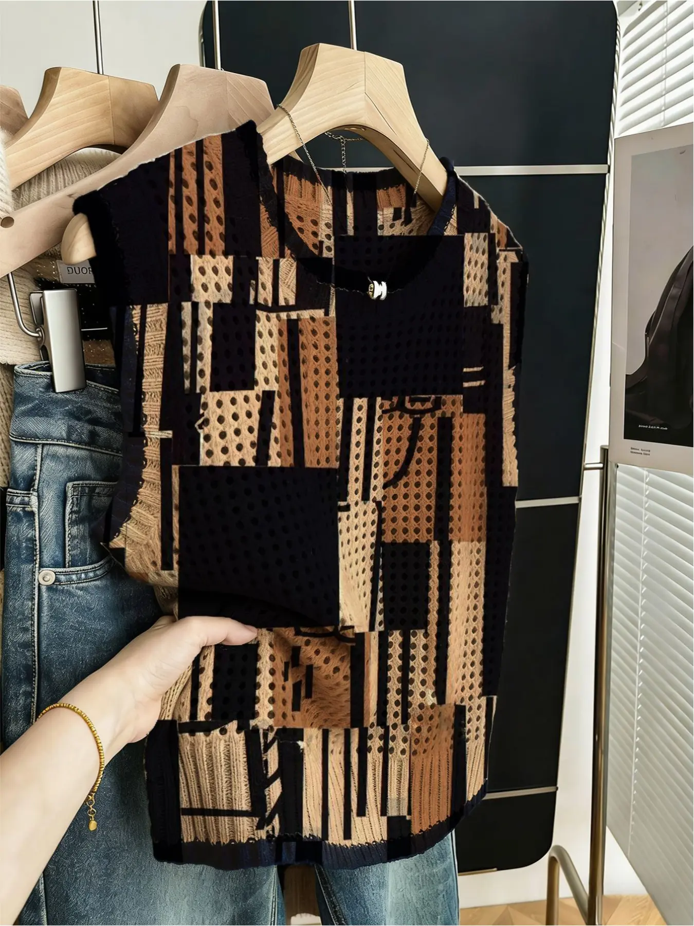 Spring/Summer boho style, casual loose crew neck sleeveless hollow-out with contrast trim, khaki graffiti color block print women's knitted top, summer bikini cover-up, Swimsuit Cover Up, swimwear cover up, Knitwear, Swimsuits Cover Ups