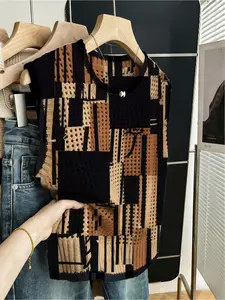 Spring/Summer vacation boho style, casual loose crew neck sleeveless hollow-out with contrast trim, khaki graffiti color block print women's knitted top, summer bikini cover-up, Knitwear