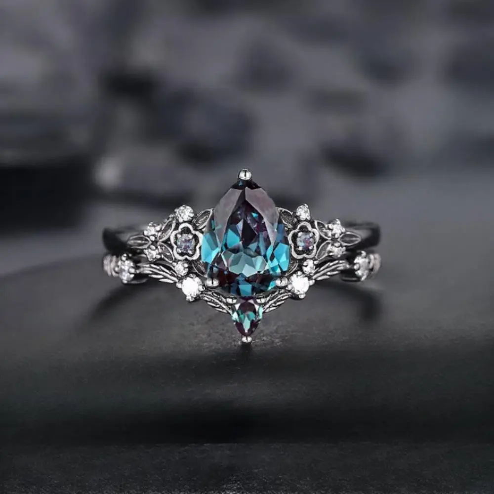 Engagement Rings with Artificial Stones Black Flower Engagement Ring Set with Unique Platinum Black Magic Ring as Gift for Bride, wedding ring promise ring gf