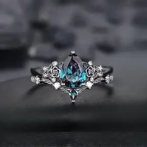 Engagement Rings with Artificial Stones Black Flower Design Unique Platinum Black Magic Ring Set for Bride Wedding Promise Ring gf Cubic Zirconia