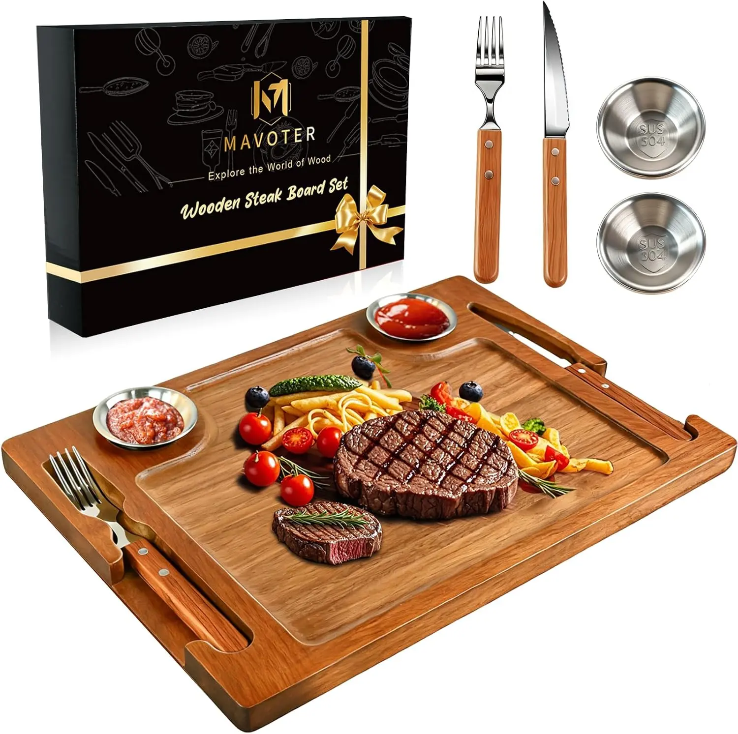 Acacia Wood Steak Serving Board Set — 15.7" with Steak Knife, Fork & 2 Ramekins | Charcuterie Board
