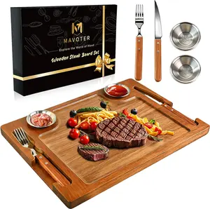Acacia Wood Steak Serving Board Set — 15.7" with Steak Knife, Fork & 2 Ramekins | Charcuterie Board