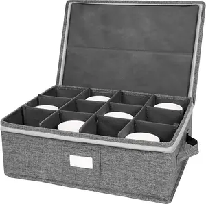 Cup and Mug Storage Box,  Cup Storage Containers Chest with Zipper Lid and Handles, Holds 12 Coffee Mugs and  Cups, Hard Shell and Stackable (Grey)