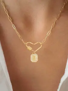 Women's Stainless Steel Heart Carabiner Lock Pendant Necklace, Casual Fashion Letter Design Chain Jewelry for All Seasons