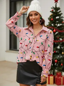 Festive Christmas Lights Blouse for Women Striped Button-Up Holiday Shirt Long Sleeve Top in Polyester for Xmas New Year Party Vneck Fitted Style