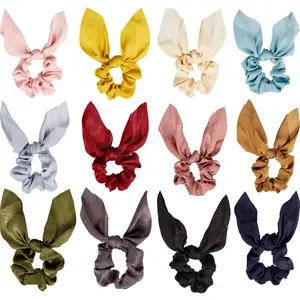 12 Pieces Bow Hair Scrunchies Rabbit Bunny Ear Scrunchies Silk Bow Bowknot Scrunchies Bobbles Elastic Hair Ties Ropes Ponytail Holder Accessories for Women Girls