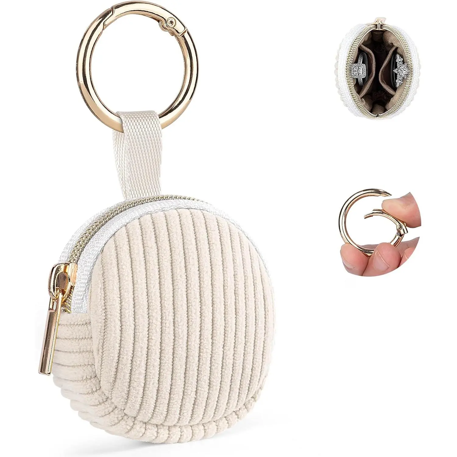 Z-KC51  Ring Holder Keychain, Corduroy Jewelry Holder Storage with Ring Buckle, Portable Mini Travel Jewelry Keeper Case for Earrings, Rings, Necklaces (Beige)