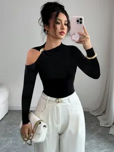Asymmetric Neck One Shoulder Metal Decor Slimming Top, Stylish Women's Casual Wear, Perfect for Daily