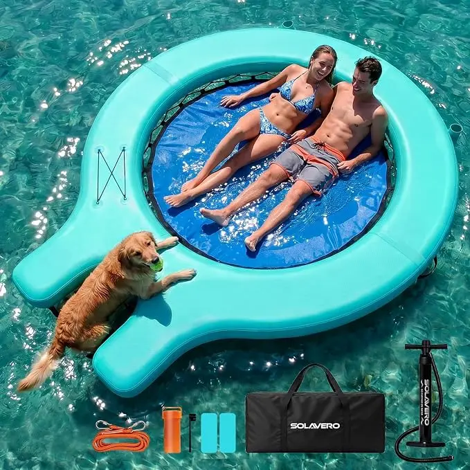 8FT Round Inflatable Floating Ring Water Hammock, Hammock-Style Sunbathing Pool with Cup Holder, Heavy-Duty Pool Float Raft for the Ocean and Lakes, Inflatable Floating Dock Platform for Parties