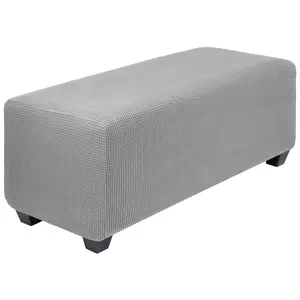 PiccoCasa High Stretch Ottoman Cover, Soft Slipcover Jacquard Fabric Small Checks Rectangle Storage Stool Cover Furniture Covers Large Light Gray