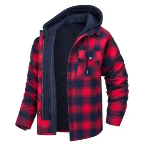 Men's Quilted Lined Flannel Hooded Shirt Jacket Big & Tall Long Sleeved Checkered Navy Blue Grid Loose Lightweight Button Down Plaid Parka