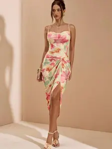 V-Neck Color Block Tie Dye Print Split Dress, Back To School Dress For Single Ladies,Summer Dresses For Women