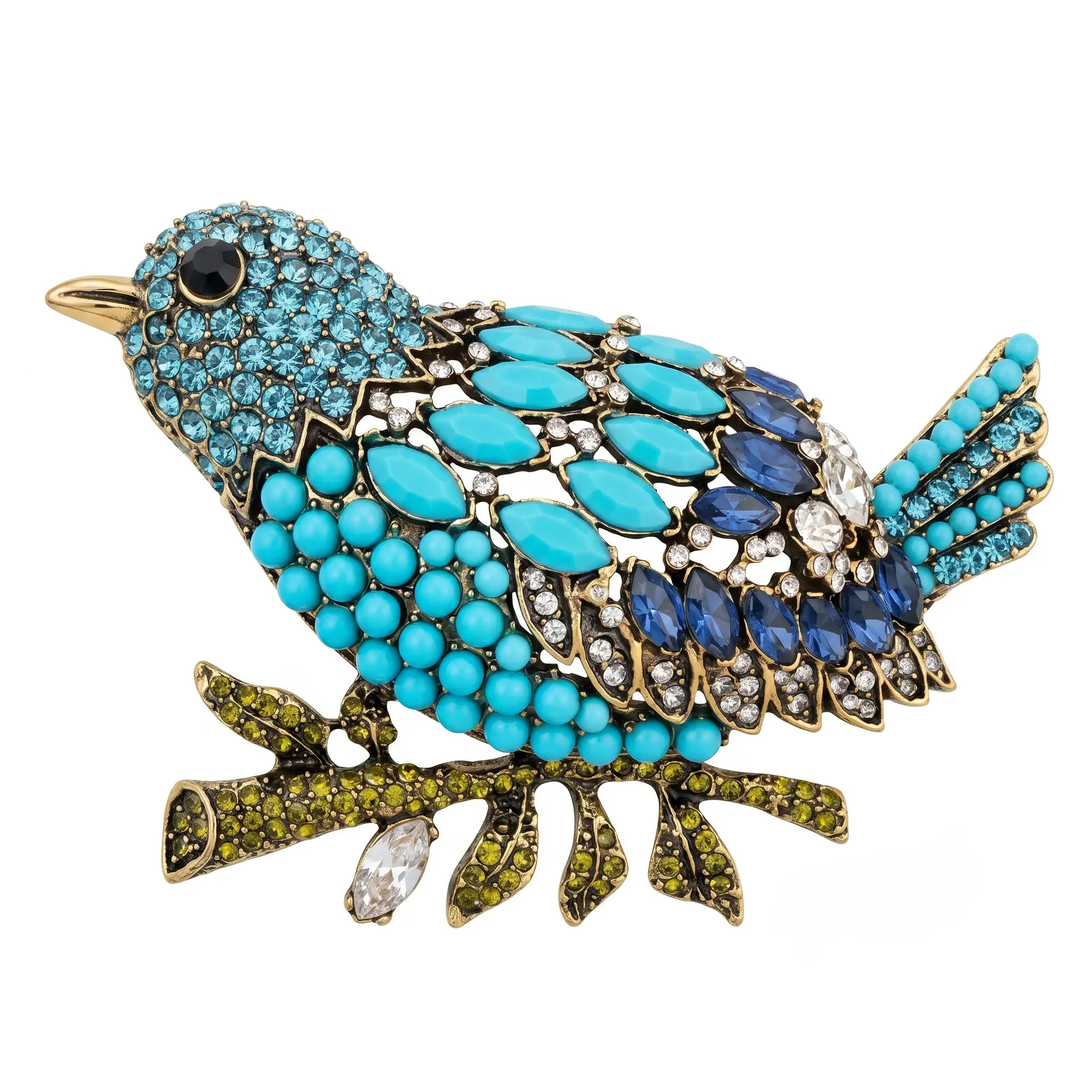 Blue Bird Brooch with Turquoise & Simulated Sapphire Crystal — Statement Lapel Pin for Women