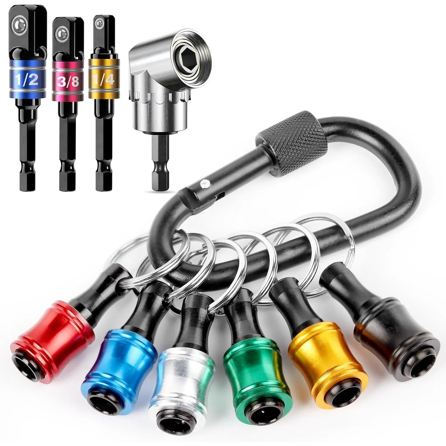 Bit Holder Key chain Gadgets for Men - 1/4 Drill Bit Holder 6Pcs, w/Drill Socket Adapter 3 Sizes 1/4" 3/8" 1/2", w/ 105° Multifunction Right Angle Drill, 10Pcs Cool Gifts Electrician Tools Hardware Portable
