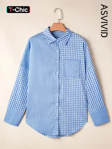 Women's Casual Plaid - Patchwork Long Sleeve Button up Shirt with Chest Pocket and Turn down Collar