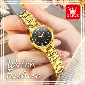 OLEVS 3650 Fashionable Women's Quartz Wristwatch - Classic Large-Number Black Quartz Dial, Single Date Window, Luminous Waterproof Polished Stainless Steel Bracelet, Minimal Luxury Daily Dress/Birthday Gift (Gold Watches Women Option)