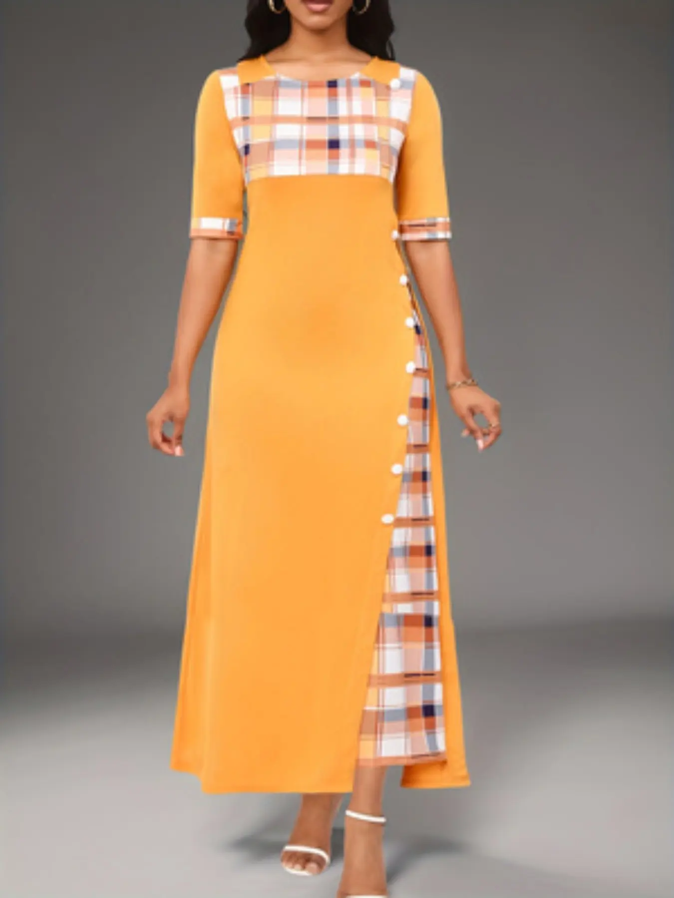 New Arrival Round Neck Colorblock Plaid Casual Midi Dress, Asymmetrical Long Sleeve Design Button, Perfect for Commuting and Outgoing Events, Casual Wear, Aesthetic, Womenswear