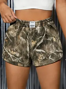 Tree Camo Print Elastic Waist Shorts, Y2K Aesthetic Low Rise Casual Shorts, Soft Lightweight Fabric, Trendy Baggy Fit for Summer, Womenswear Bottom
