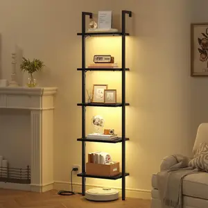 5-tier lighted ladder bookshelf, wooden wall-mounted bookshelf, metal frame ladder bookshelf, suitable for office, living room, bedroom, black