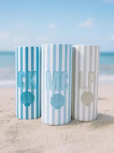 Vacation Tumblers, Seashell Personalized Beach Girls Trip Cups, Beach Bachelorette, Family Vacation Tumblers with initials Cabana Stripe