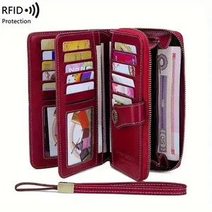 Women’s Vintage PU Leather Long Wallet with Wristband, 23 Card Slots Long Clutch Purse with Flower Buckle, RFID Blocking Wallet for Daily Use