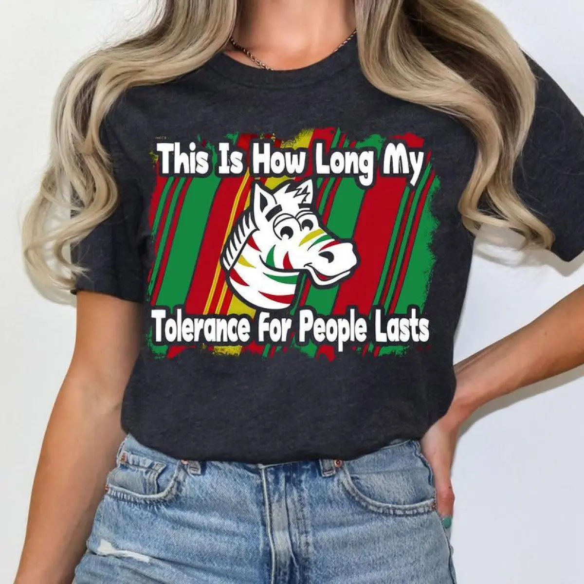 100% Cotton Unisex Graphic Print T-Shirt - "This Is How Long My Tolerance For People Last" Retro Fun Tops, Menswear Unisex Wear Tee