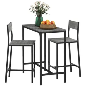 【GOOGREAT】HOMCOM 3 Piece Bar Table and Chairs, Industrial Dining Table Set for 2, Counter Height Kitchen Table with Bar stools, Breakfast Table Set for 2 for Small Space, Gray