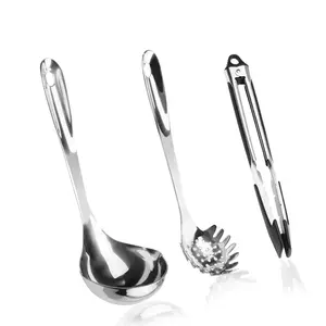 Spaghetti & Pasta Fork Set –304 Stainless Steel Spaghetti Spoon, Soup Ladle, and Food Tong with Hanging Ring Design & Drainage Holes, Heat-Resistant & Corrosion-Resistant Kitchen Cooking Utensils