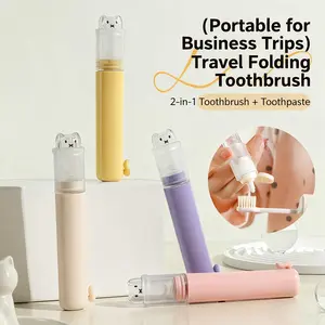 Mini Folding Toothbrush Set -2-in-1 Portable Travel Toothbrush with Lid and Toothpaste Box, Foldable and Interchangeable Toothbrush Head, Suitable for Home, Travel, Outdoor, Hiking, Camping Oral Cream Color toothbrush holder