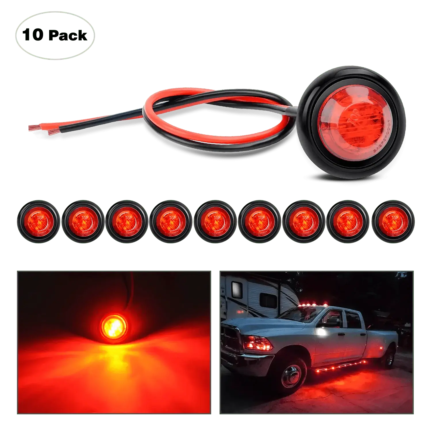 Nilight 3/4 in Red Round LED Side Marker Lights (10 Pcs) - Rubber Cover, Surface Mount, IP68 Waterproof Car LED Lights with PC Lens for Automotive, Motorcycle Use, Work Light, Led Lights Car Offroad Lighting Side Lamp