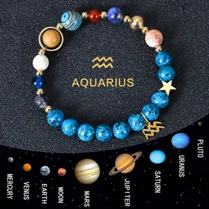 Zodiac Solar System Beaded Bracelet with Astrology Charms for Bracelets| Natural Stone Galaxy Planet Jewelry| Matching Couple Friendship Aesthetic Gift for Him Her