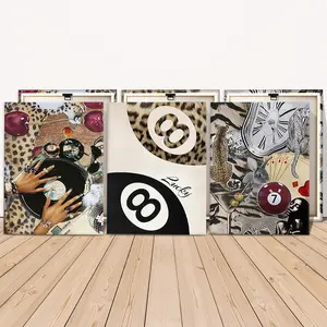 3 Counts Wooden Framed Canvas Painting, Retro Leopard Pattern And Casino Elements Images, Exquisite Poster, Perfect Living Room Decoration, Modern Art, Fashion Family Poster, Wall Art Decoration, Waterproof Art, Abstract Pattern Print