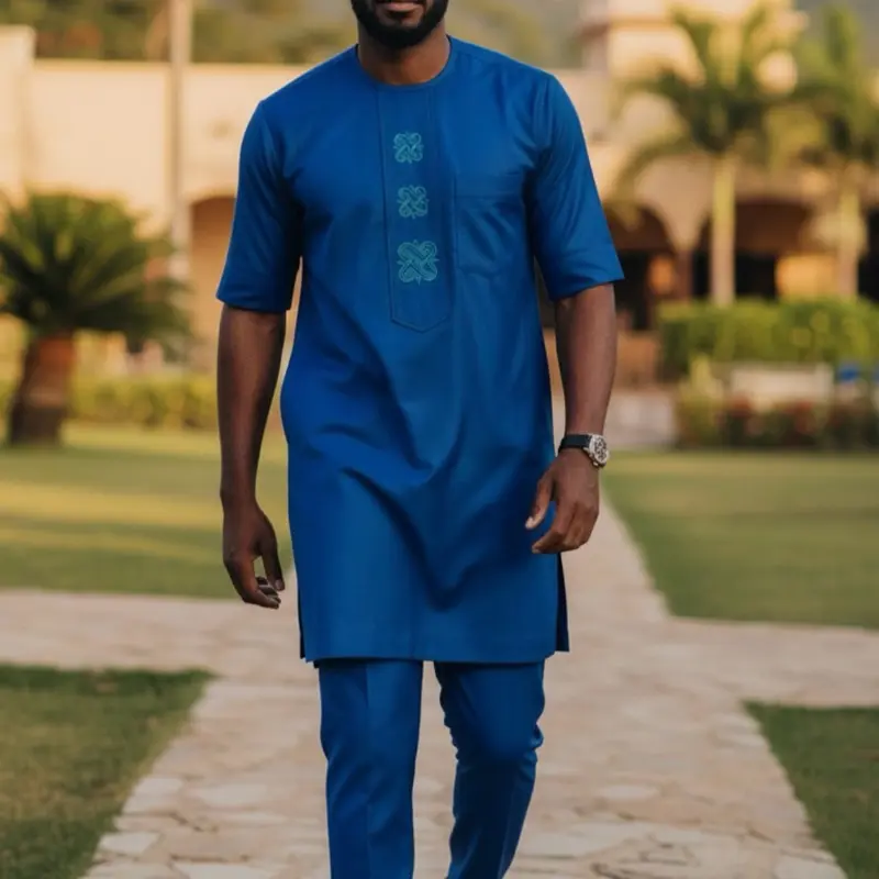 Exquisite 2-Piece Men's Native Wear in Rich Blue Fabric for Traditional Style