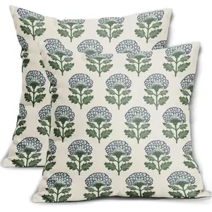 Blue Green Floral Block Print Pillow Set of 2 Flower Pattern Cream Spring Summer Decorative Throw Pillowcases Outdoor Rustic Farmhouse Cushion Cases Decor for Home Couch Sofa Bed