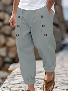 Men's Linen Button Pants Regular Fit Casual Comfort Summer Daily Wear Beige Relaxed Trousers, essential piece, wardrobe staple, must have item, everyday wear, trendy style, wardrobe essential, must have piece