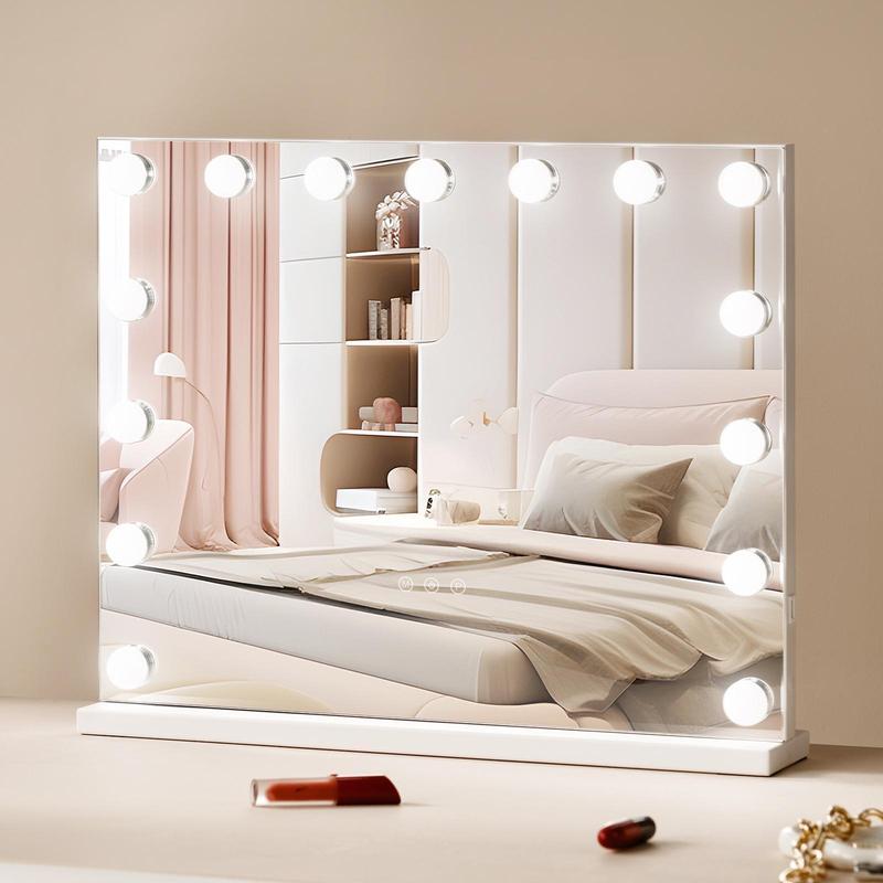VEVOR Hollywood Vanity Mirror With Lights, TikTokShopBlackFriday,15 Dimmable Bulbs &3 Color Lighting Modes, Makeup Mirror w/ Detachable 5X Magnification,USB Port,Smart Touch Control,Desktop Wall-mount(22.8x18.1 in, White)