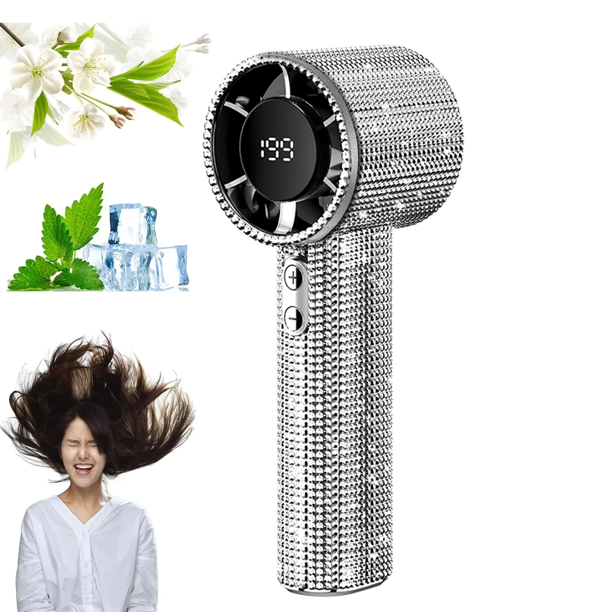 Portable Handheld Fan with Battery Drive, Digital Display, Rechargeable Mini Fan, USB Portable Fan, Rechargeable Personal Fan, Suitable for Outdoor and Indoor Use