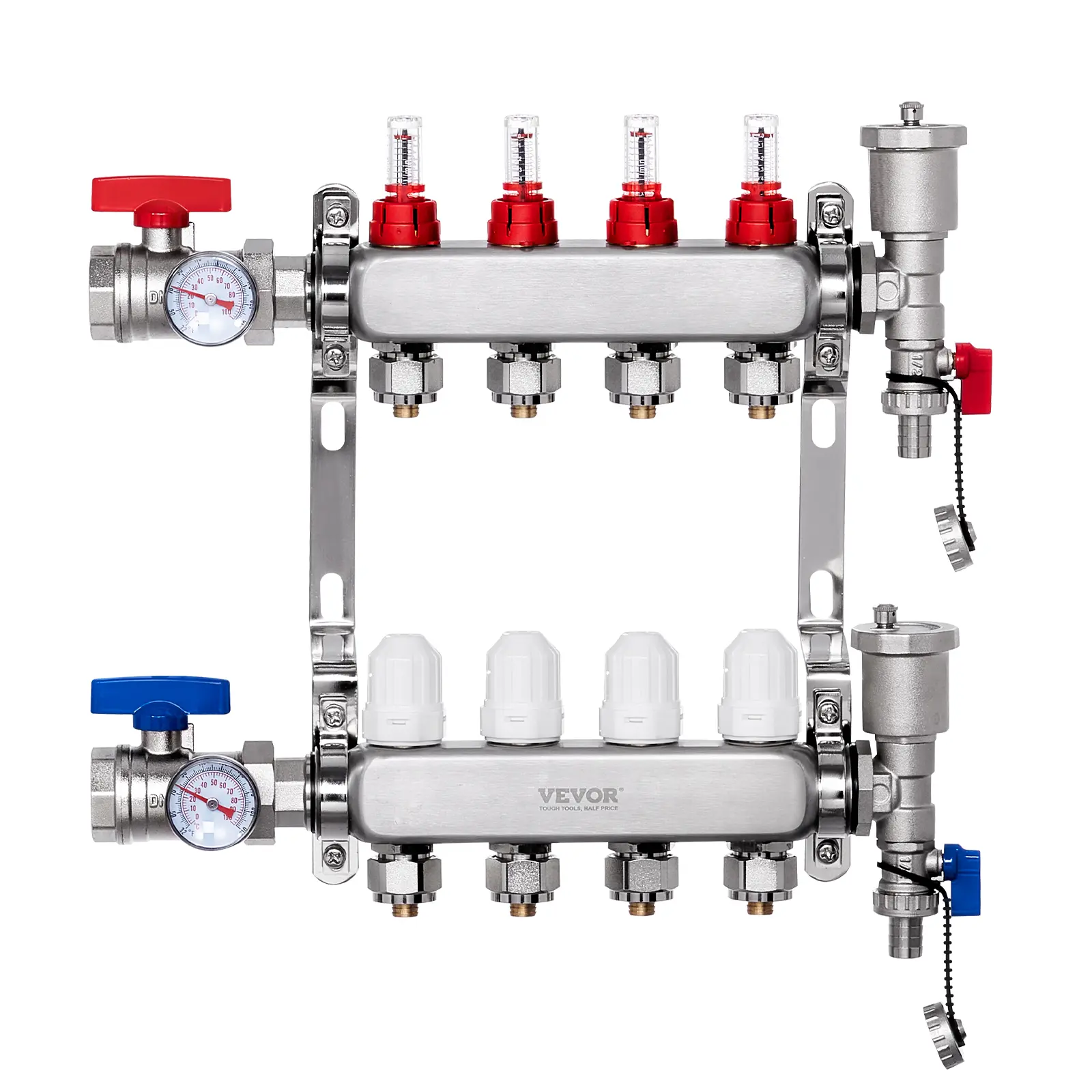【Summerfinds】VEVOR 4-Branch Radiant Heat Manifold,1/2" PEX Tubing ManifoldStainless Steel PEX Manifold for Hydronic Radiant Floor HeatingRadiant Heat PEX Manifold Kit with 1/2" Adapters Included