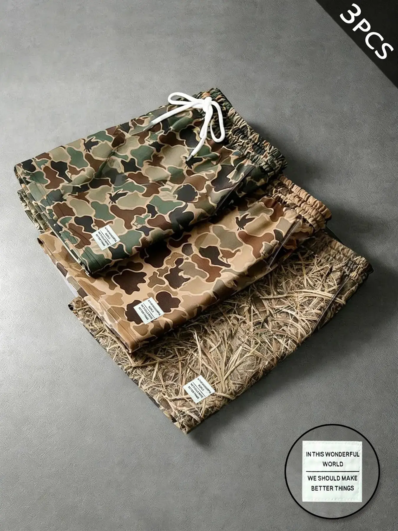 Men's 3-Pack Camouflage Shorts with Drawstring Waist, Casual Summer Shorts for Outdoor Activities, Low Waist Fitted Design, H-Type Silhouette