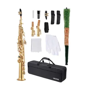 VEVOR Straight Soprano Saxophone, B Flat, Brass Saxophone Beginner Kit with Carrying Case, Mouthpiece, Cleaning Cloth Rod, Gloves, Neck Strap, 23 Keys Soprano Sax Kit, for Beginners Students, Gold