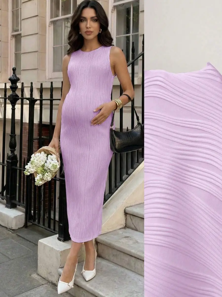 MaterniRIO Fashionable & Versatile Textured Round Neck Maternity Vacation Dress