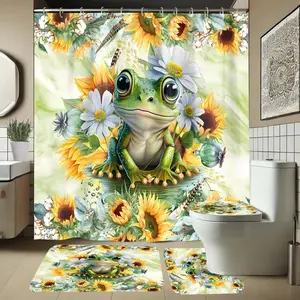 Sunflower Frog Pattern Shower Curtain Set, Includes Rug and Hooks, Non-Slip Bath Mat, U-Shaped Toilet Lid Cover Pad, Bathroom Decor