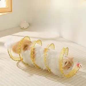 Spiral Spring Cat Tunnel Toy, Foldable Collapsible Cat Play Tunnel with Feather Bell, Interactive Self Entertainment Kitten Toy, Durable Stimulating Indoor Playing Accessory for Cats Small Pets