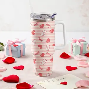 Valentine Love Letters Heart Pattern 40oz Stainless Steel Tumbler With Handle Pink Insulated Travel Mug Romantic Gift for Her Couples Wife Girlfriend