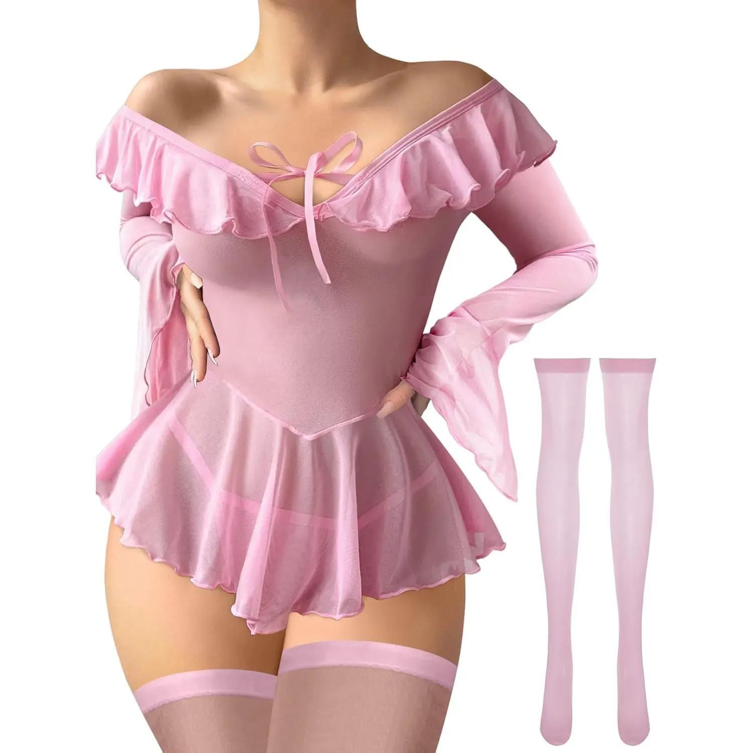 Sexy Stocking Sheer Mesh Babydoll Rave Outfits Lingerie Dress Top with Thong 3 Piece SetGift..