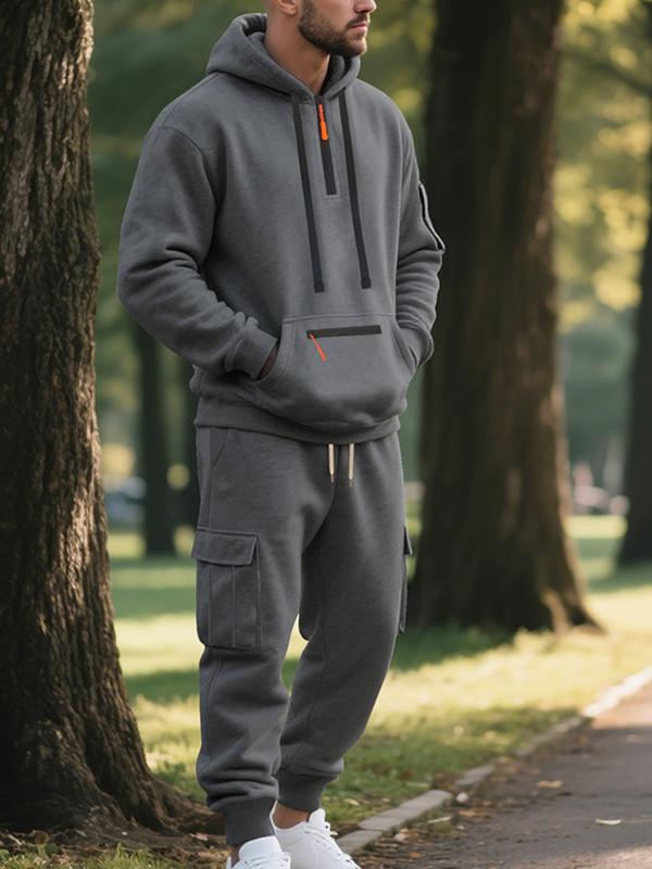 Men's Winter Heavyweight Fleece-Lined Casual Set, Loose Fit Sporty Multi-Pocket Workwear Suit, Warm & Comfortable Two-Piece Set