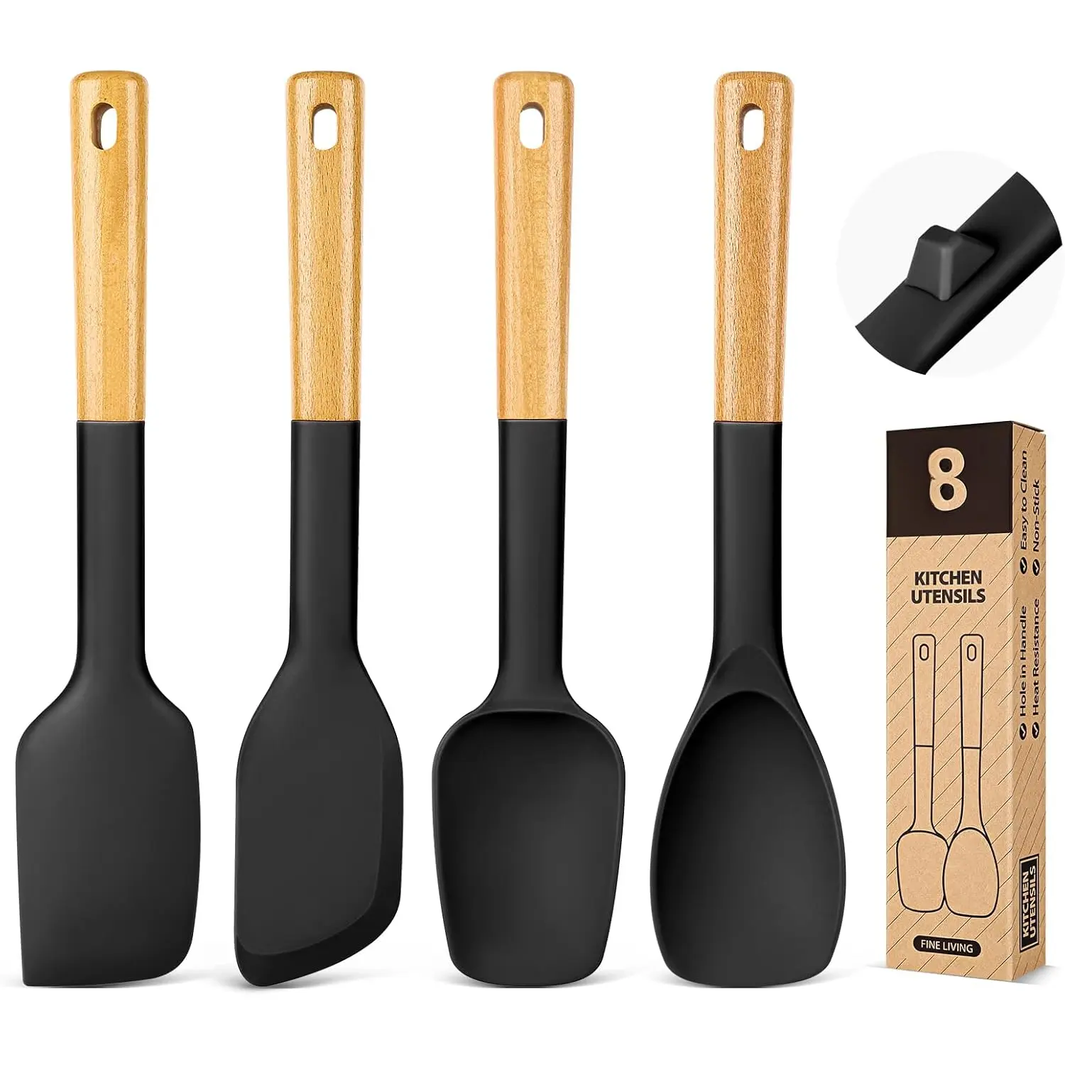 Black Kitchen Utensils 4-Pack - Sturdy Matte Rubber Spoonula & Spatula with Wooden Handle, Versatile Cooking Tool, Safe for Nonstick Cookwares, Ideal for Mixing, Baking (Spatula Included)