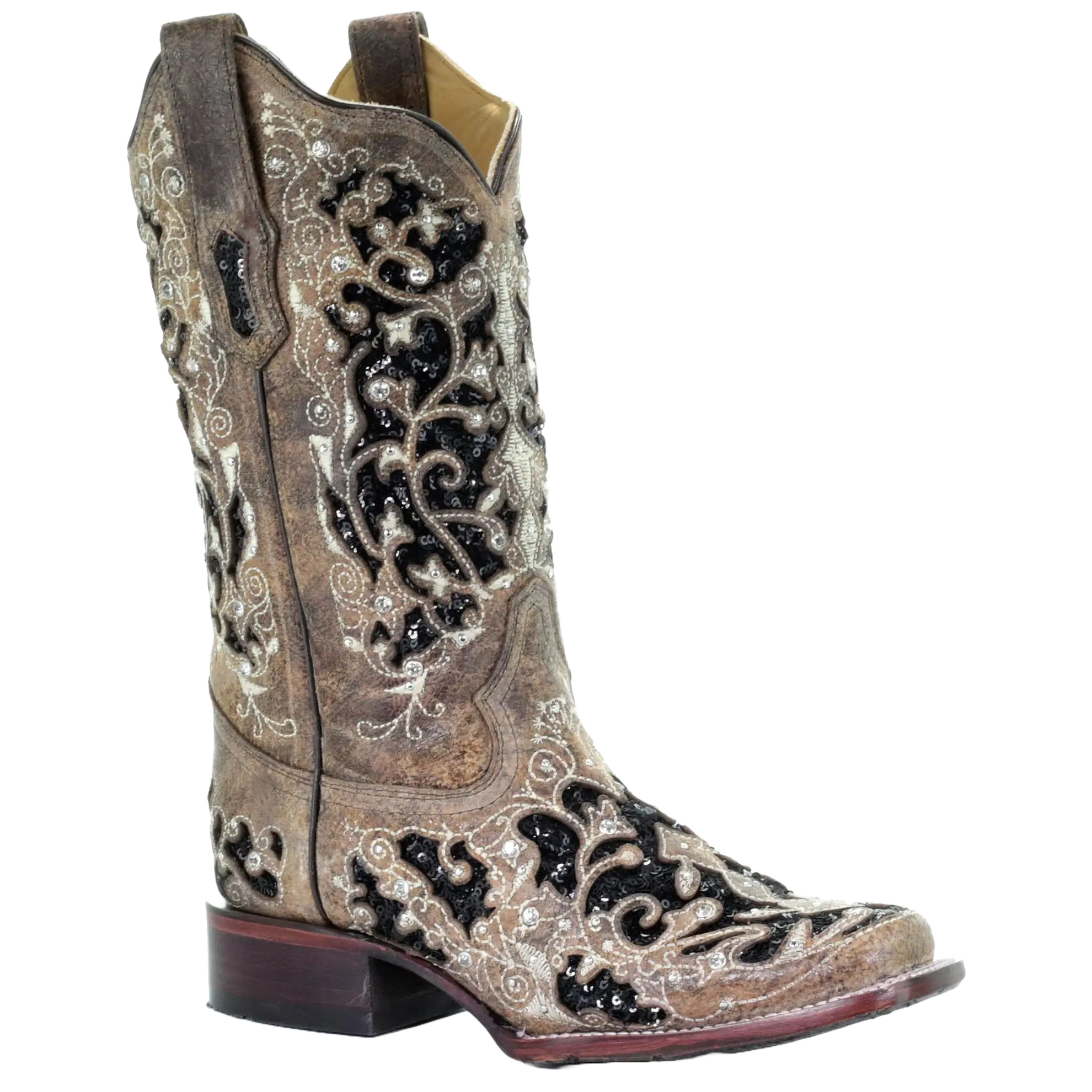 Corral Ladies Brown Black Inlay Floral Embroidery & Studs Boots A3648