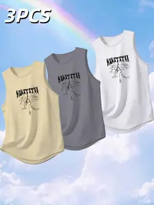 3pcs Men's Casual Tank Tops, Breathable Polyester Round Neck, Summer Outdoor Activities, Dark Style Fitness Set